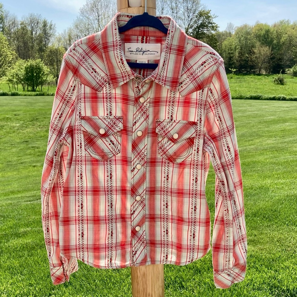 True Religion: Size small girl’s lonestar western shirt in red, lt grey & cream.